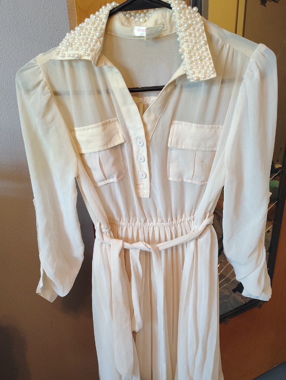 a'gaci Pearl-Collar Cream Midi Shirt Dress